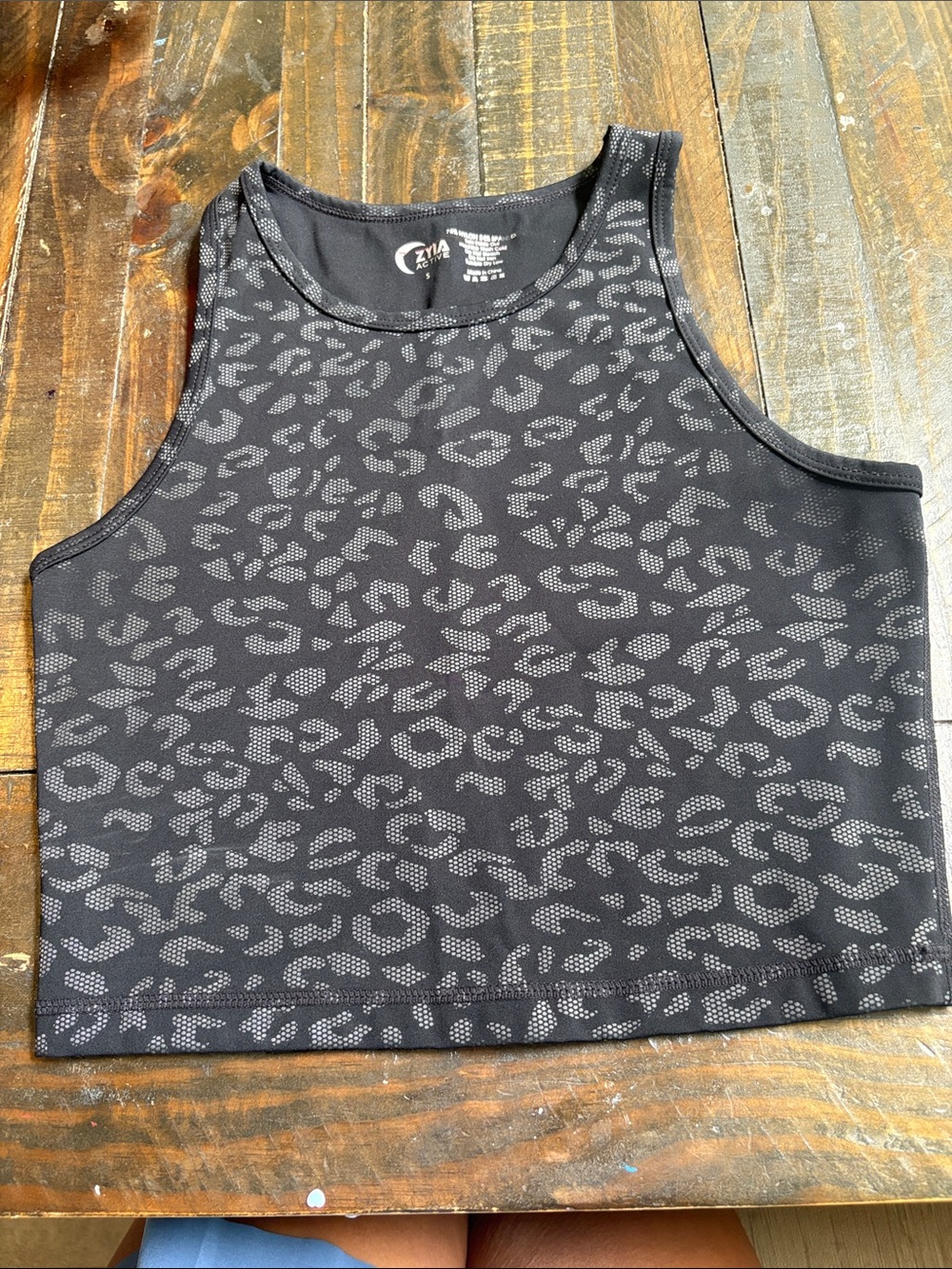 Zella Black Crop Tank with Gray Leopard Pattern